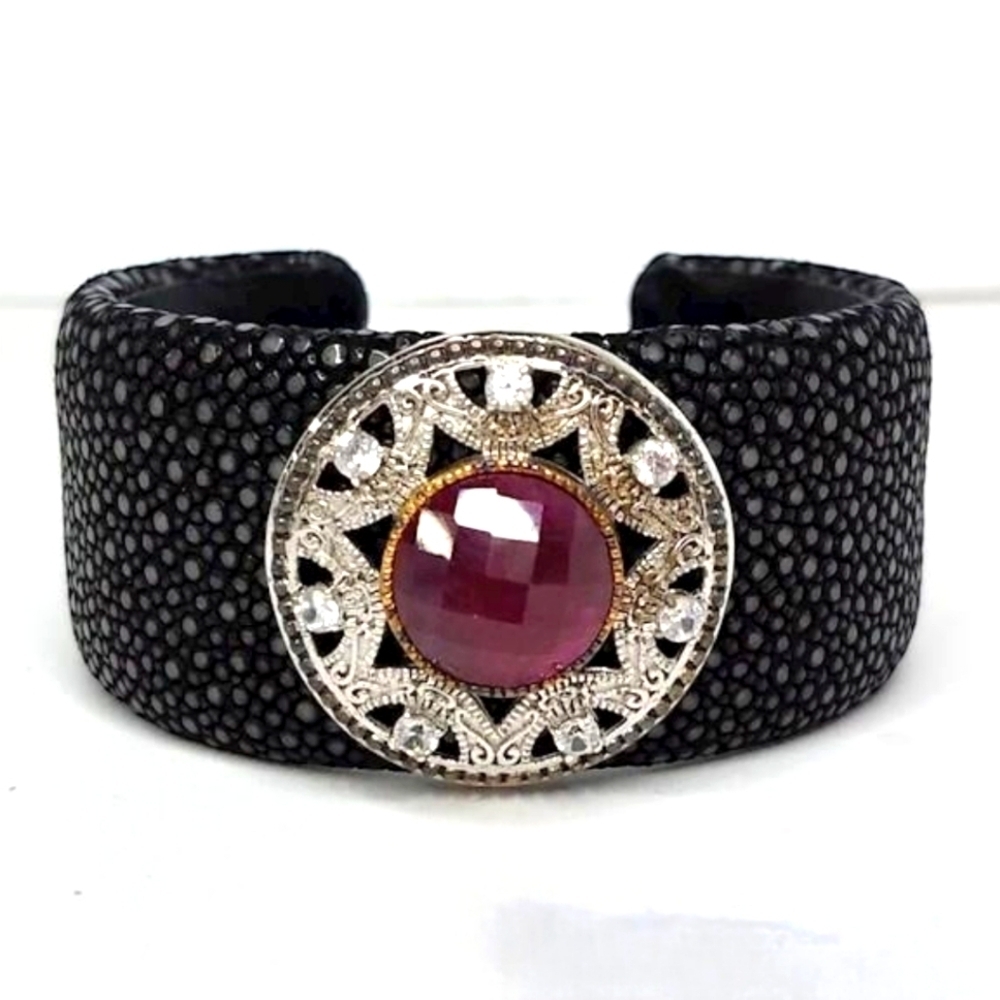Sterling Silver Pink Sapphire White Topaz Shagreen Stingray Cuff Bracelet